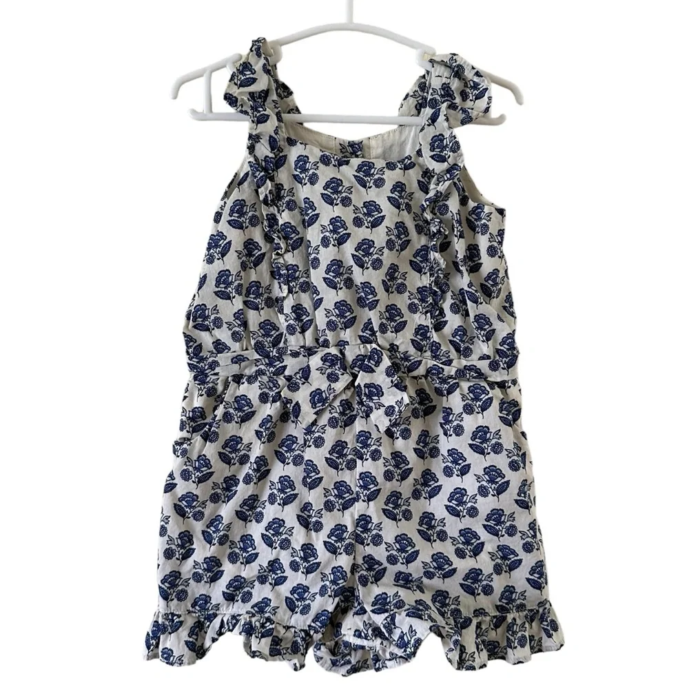 Janie & Jack Toddler Girls One Piece Ruffle Romper Blue & White 18 To 24 Months.